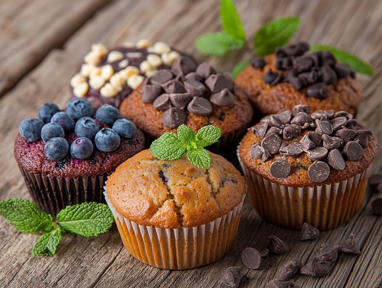 An enticing assortment of gluten-free snack muffins including banana chocolate chip, blueberry lemon, and more.