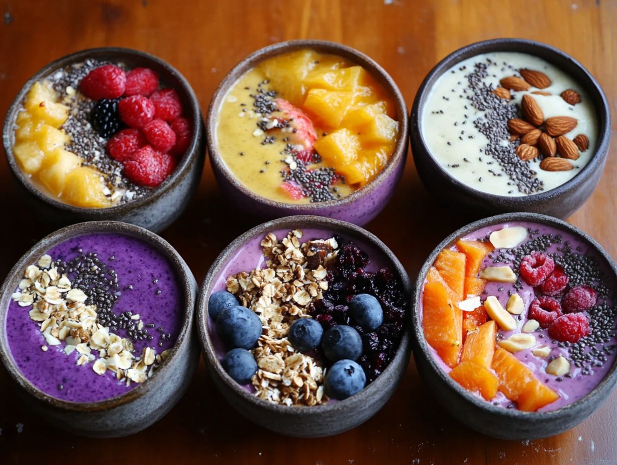 Image of five gluten-free smoothie bowls with various toppings.