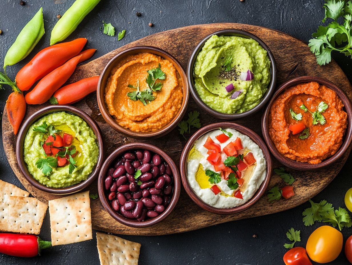 A variety of gluten-free snack dips prepared at home.