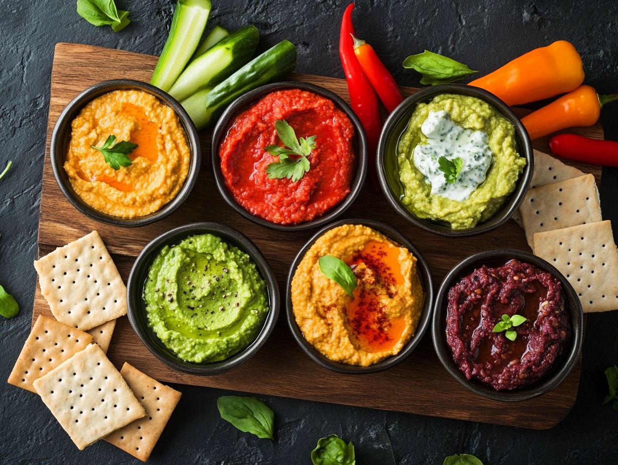 A variety of gluten-free dip options on a table.