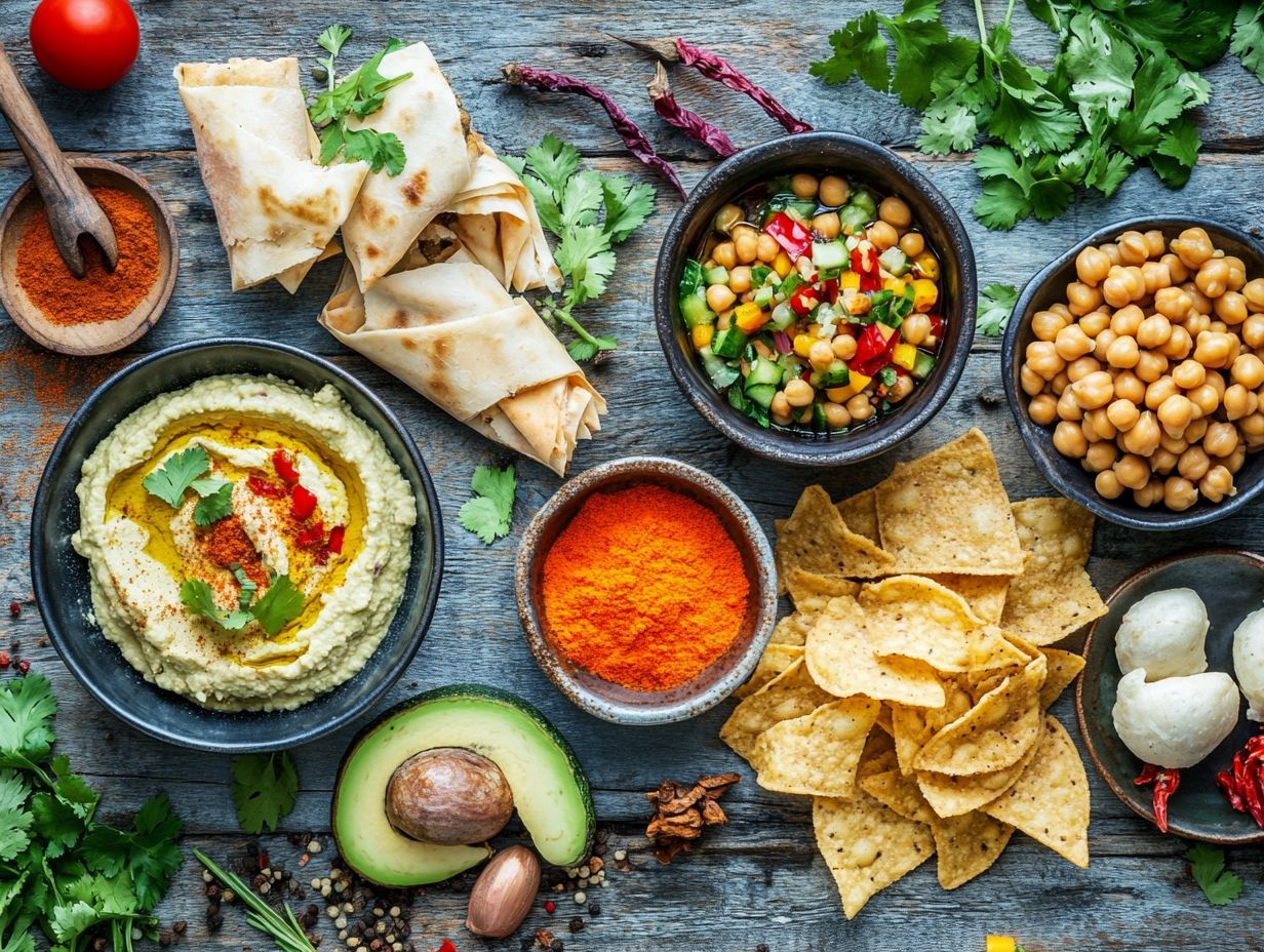 A plate of crispy Indian-inspired Chickpea and Vegetable Samosas served with mint chutney and tamarind sauce