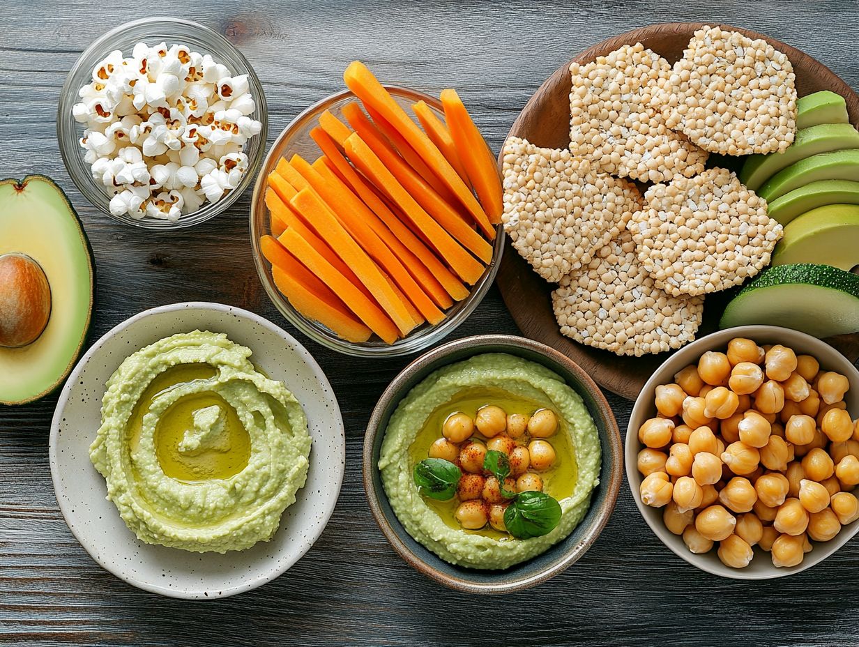 A colorful display of healthy ingredients for hummus and gluten-free crackers.