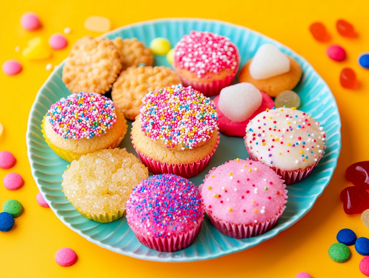 A variety of gluten-free sweet snacks for kids including cookies and fruit.