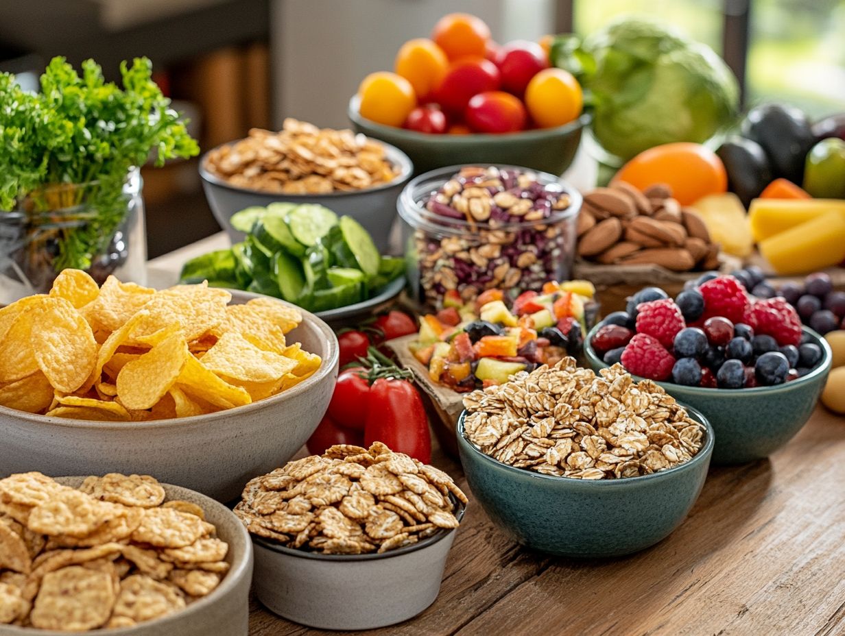 A variety of gluten-free snacks displayed on a table.