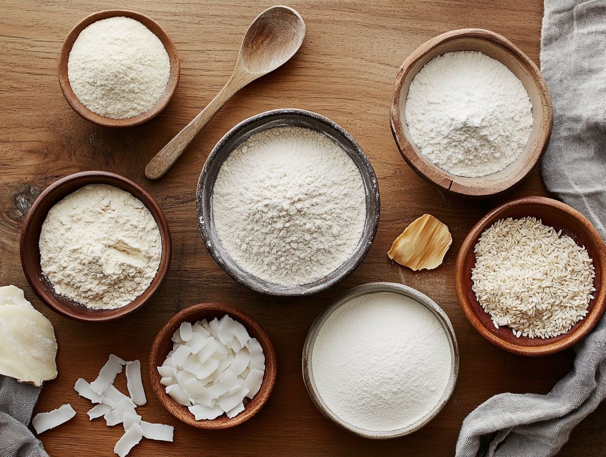 An array of common gluten-free baking substitutes including almond flour and coconut flour.