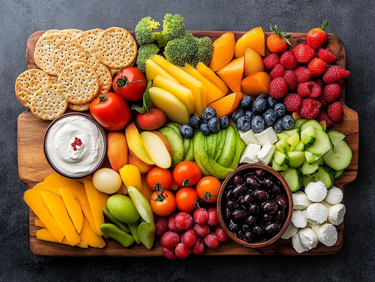 A beautiful gluten-free snack board featuring crackers, fruits, and dips.