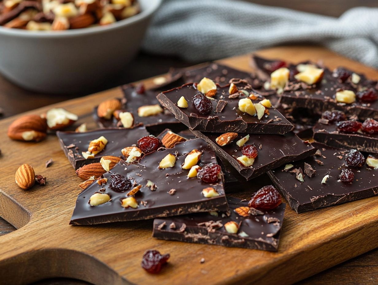 Delicious gluten-free chocolate bark topped with peanut butter and pretzel pieces.