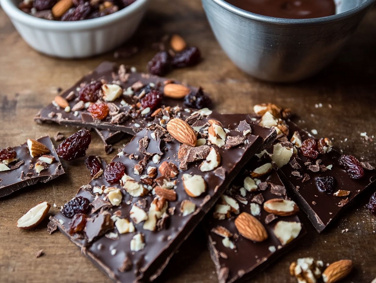 An infographic showing frequently asked questions about gluten-free chocolate bark.