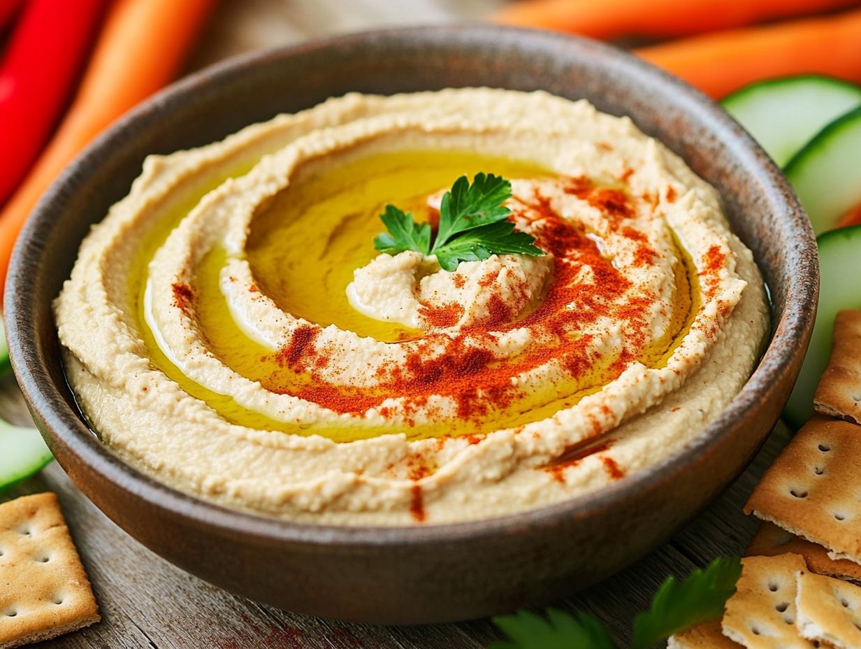 Healthy snack options featuring hummus