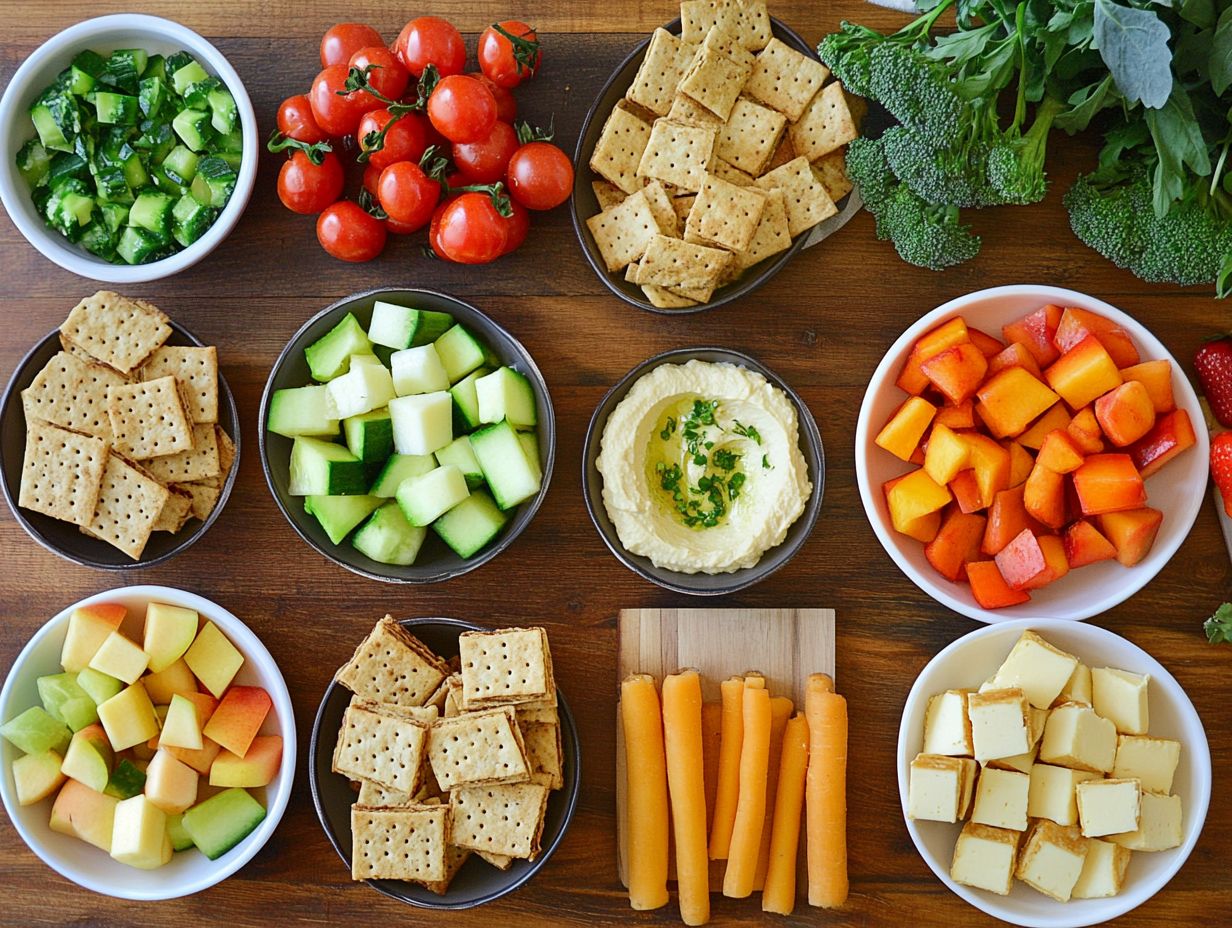 A colorful spread of gluten-free chips and various dips for potlucks.