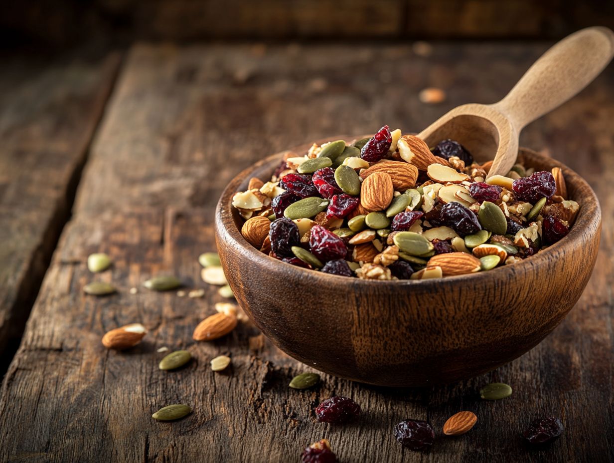 A colorful display of customized trail mix ingredients