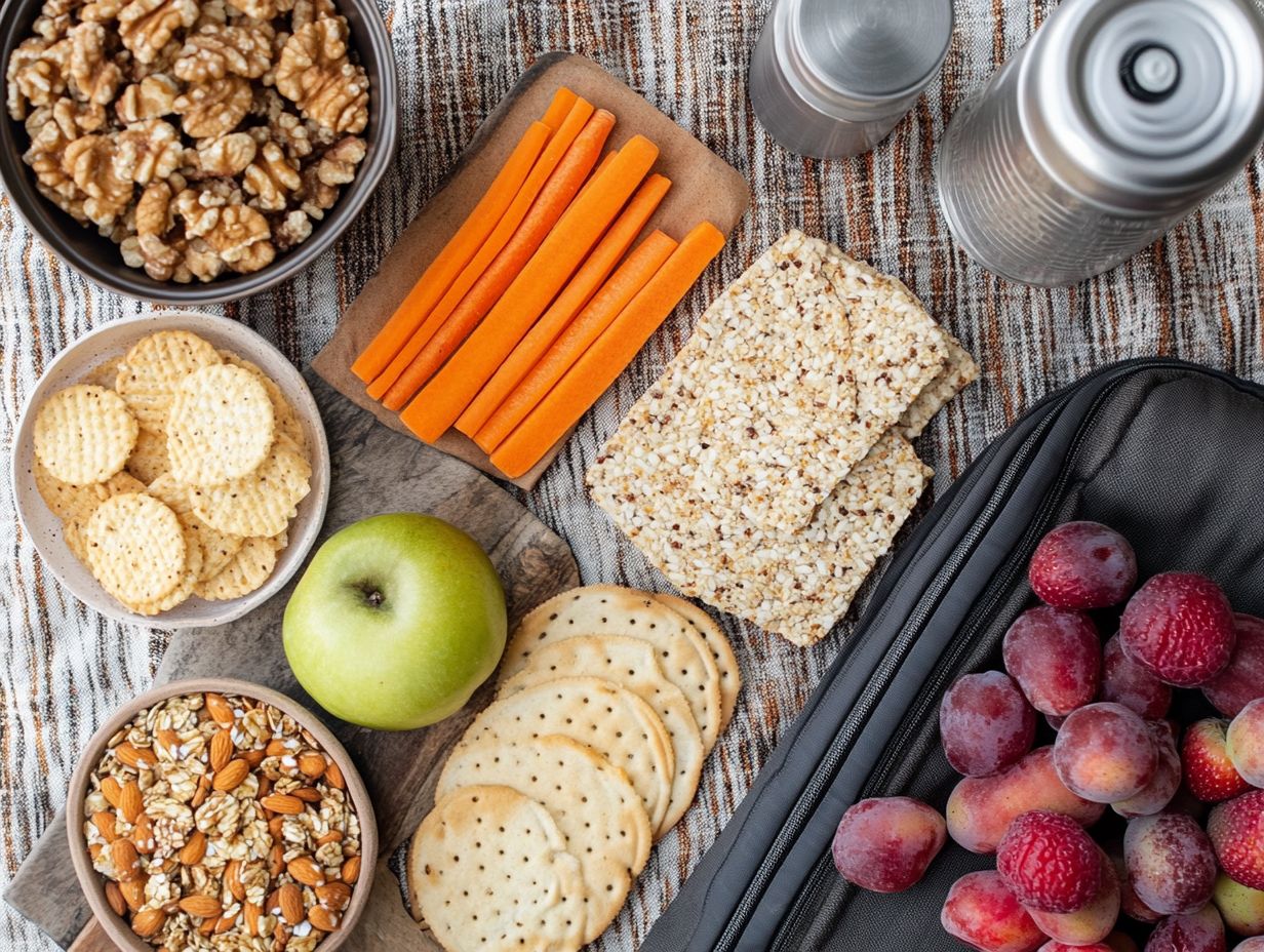 A colorful assortment of nut-free and gluten-free snacks for road trips.