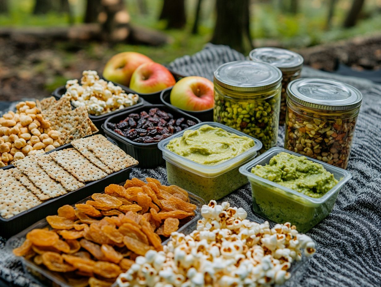 Colorful snack options for camping, including fruits and vegetables.