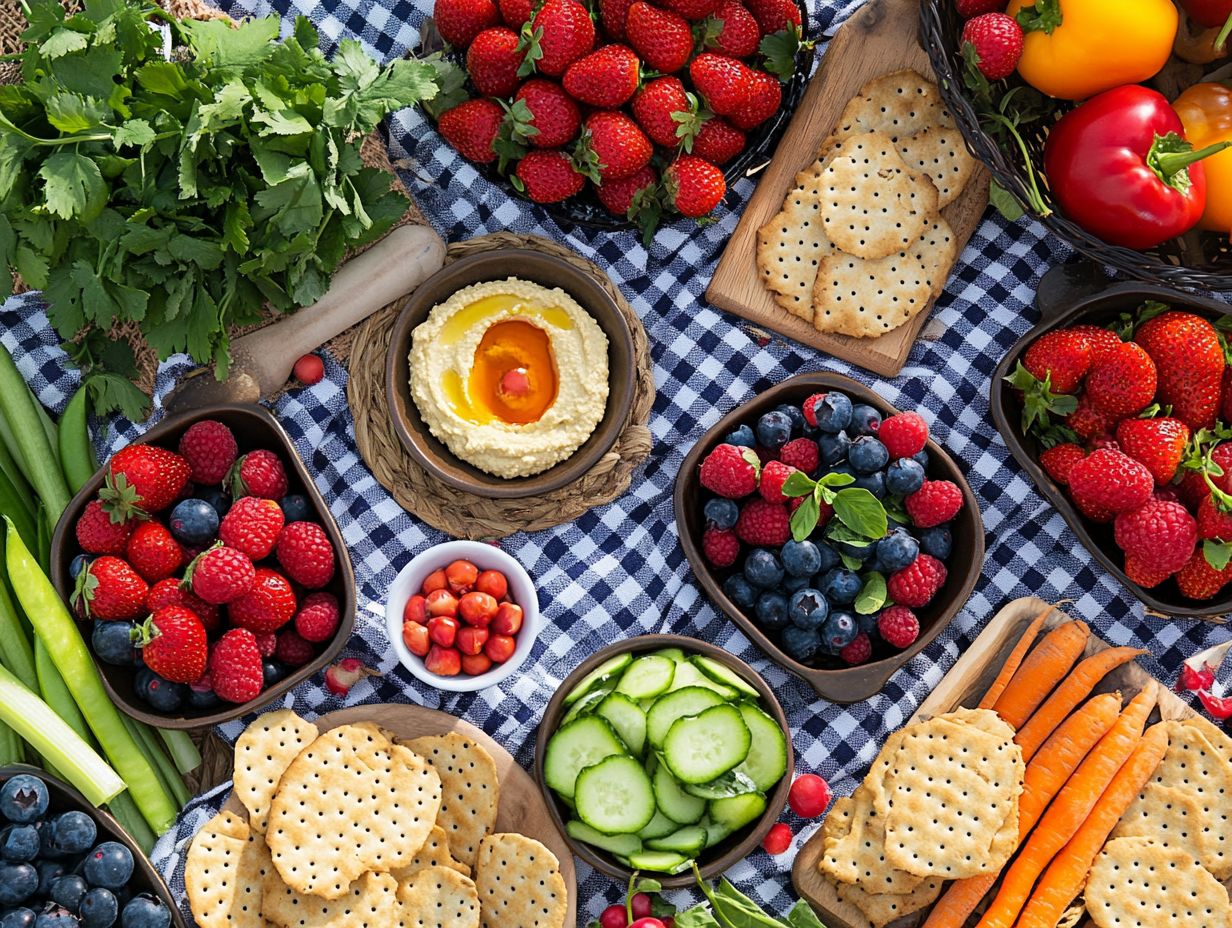 A colorful spread of allergy-friendly snacks including fresh fruits, salads, and grilled items suitable for picnics