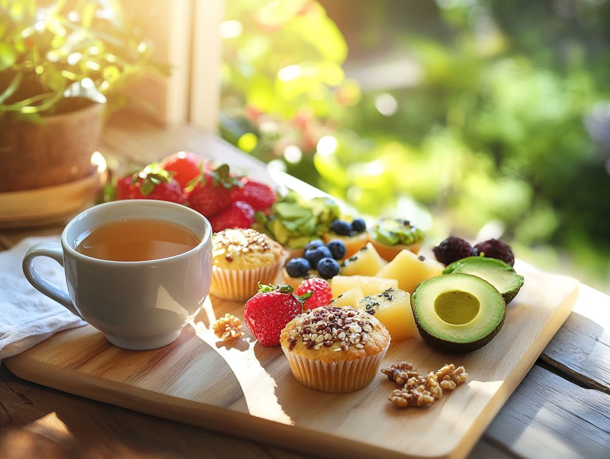 Colorful allergy-friendly snacks including fruit and vegetable skewers and coconut yogurt dip