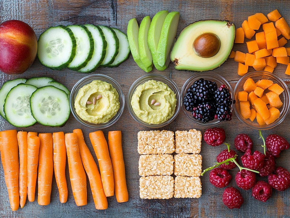 A variety of nut-free and gluten-free snacks suitable for vegan diets displayed on a wooden table.