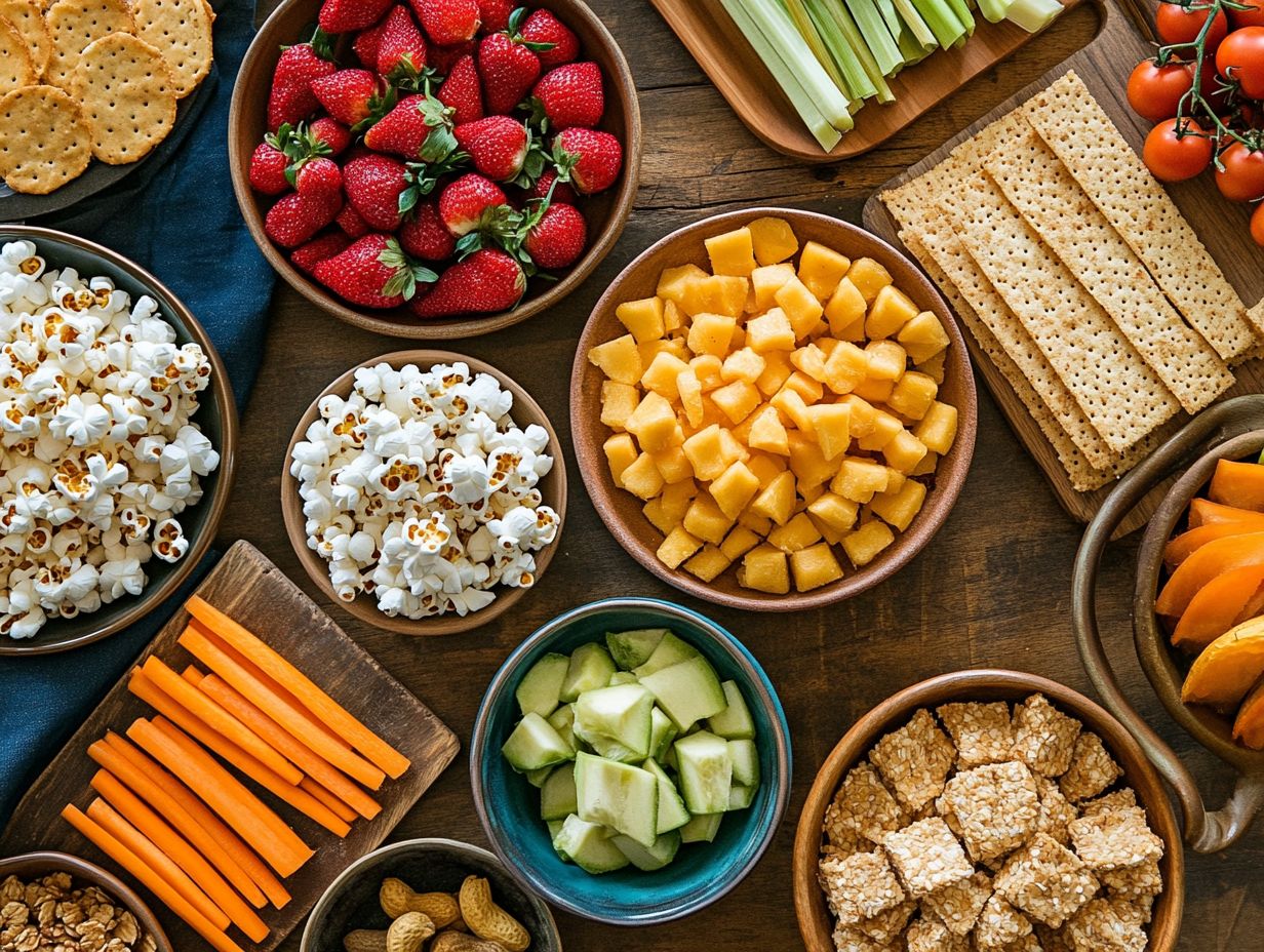 A variety of gluten-free granola bars displayed with a backdrop of healthy ingredients