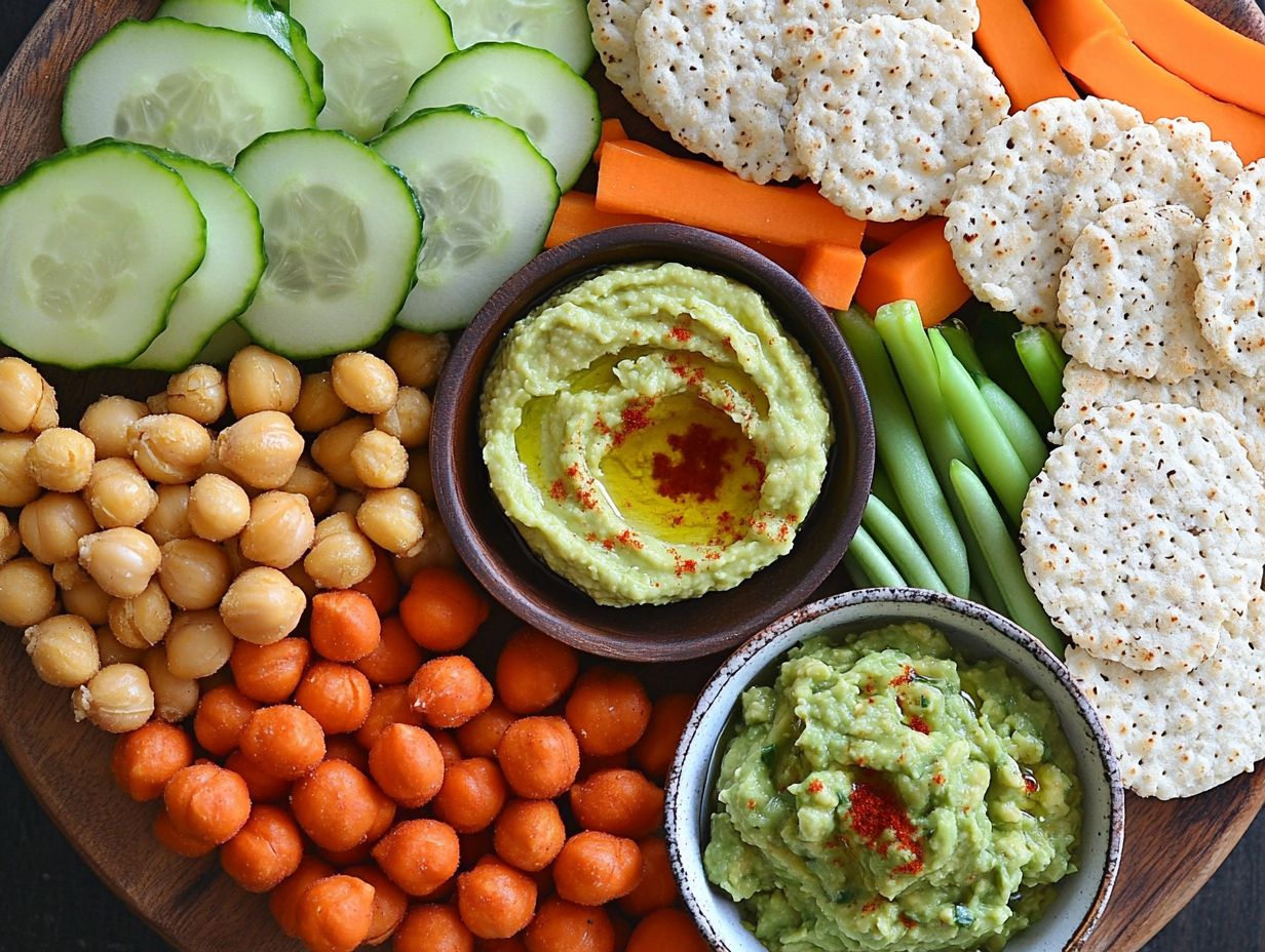 A collage of gluten-free snack combinations including hummus, veggie sticks, and rice crackers.