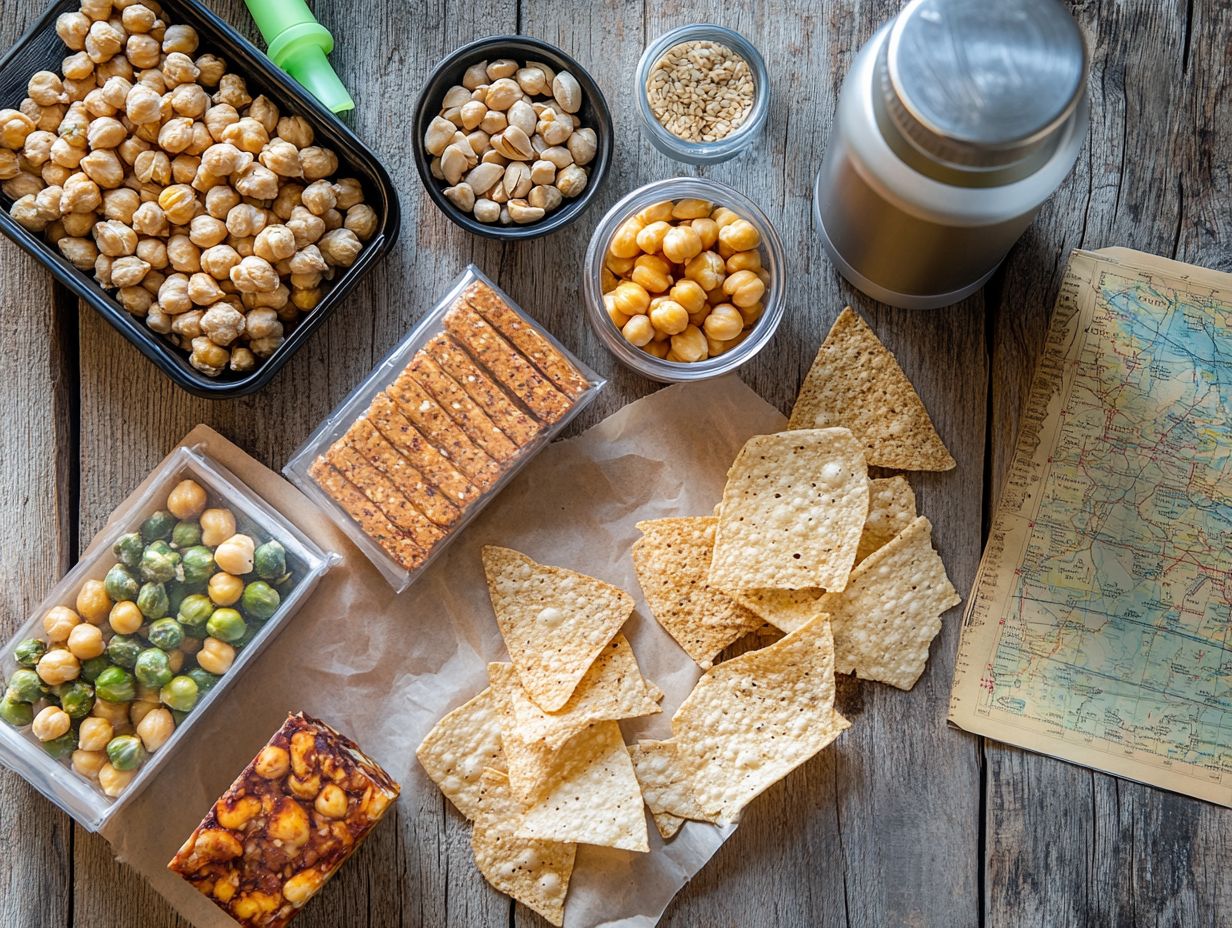 An assortment of gluten-free travel snacks including roasted chickpeas, trail mix, and rice cakes.