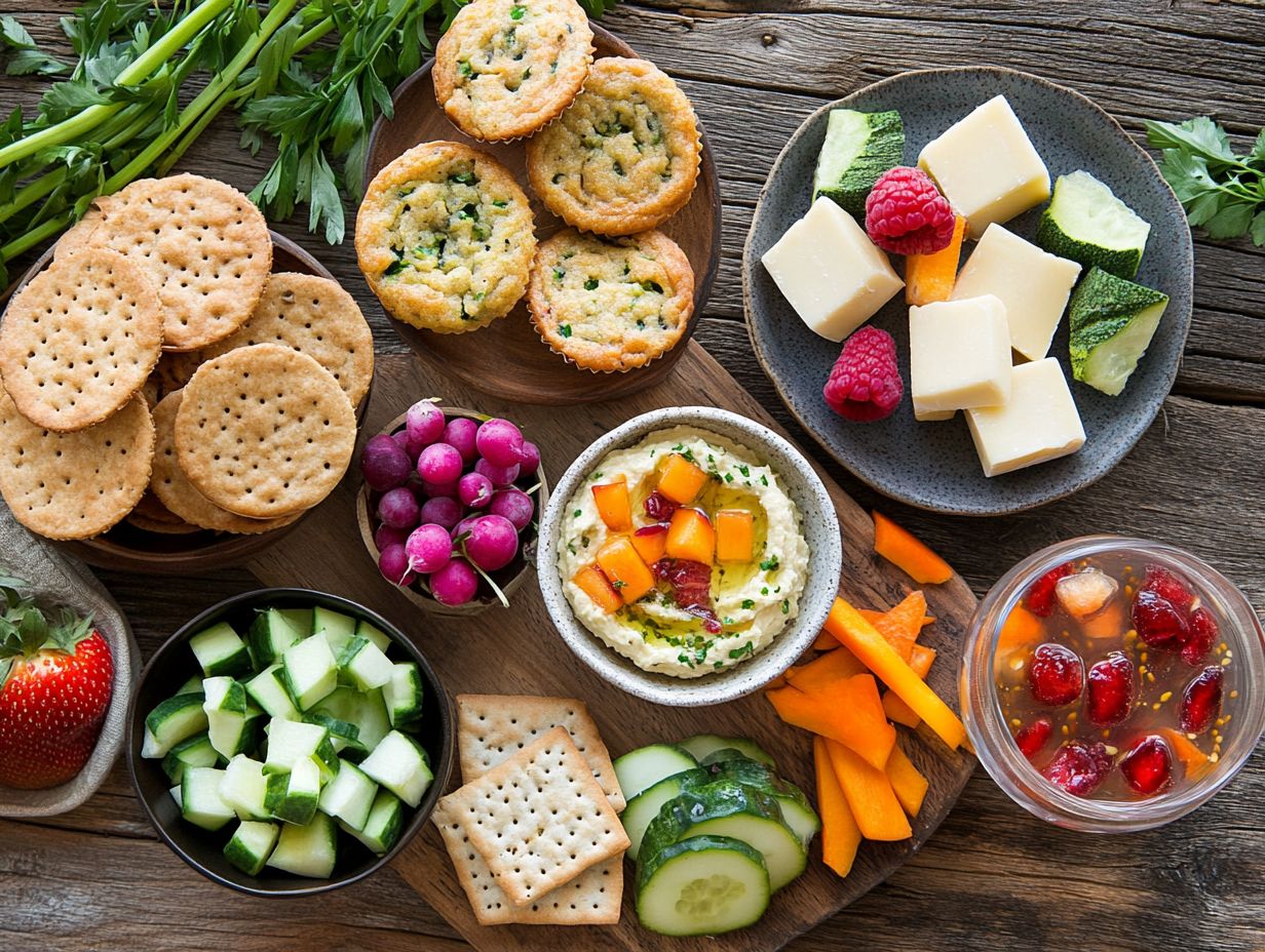 A variety of gluten-free snack options including crunchy chickpeas and kale chips.