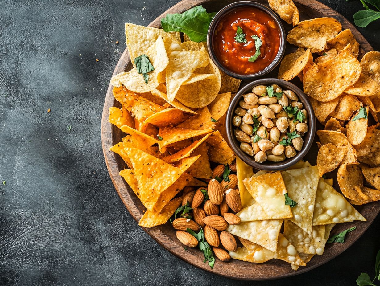 A variety of savory gluten-free snacks including roasted chickpeas, vegetable chips, edamame beans, and hummus with veggie sticks.