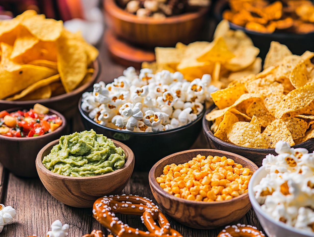 A variety of savory gluten-free snacks ideal for movie nights, including popcorn and veggie chips.