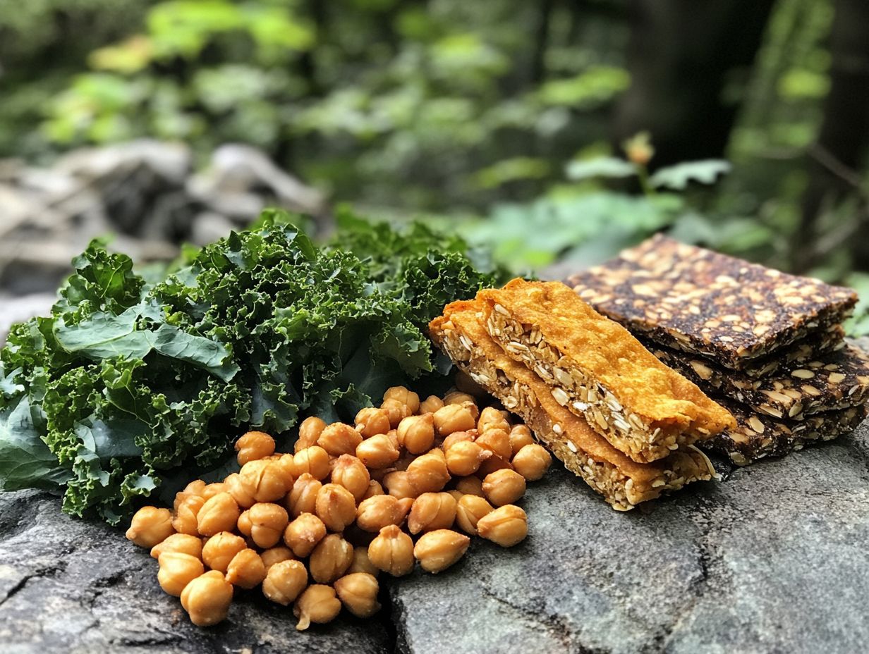 An assortment of gluten-free snack options for hiking, including fruits, nuts, and bars.