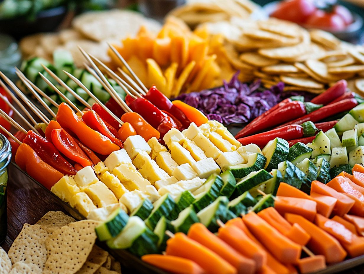 A colorful display of savory gluten-free snacks suitable for an office party.