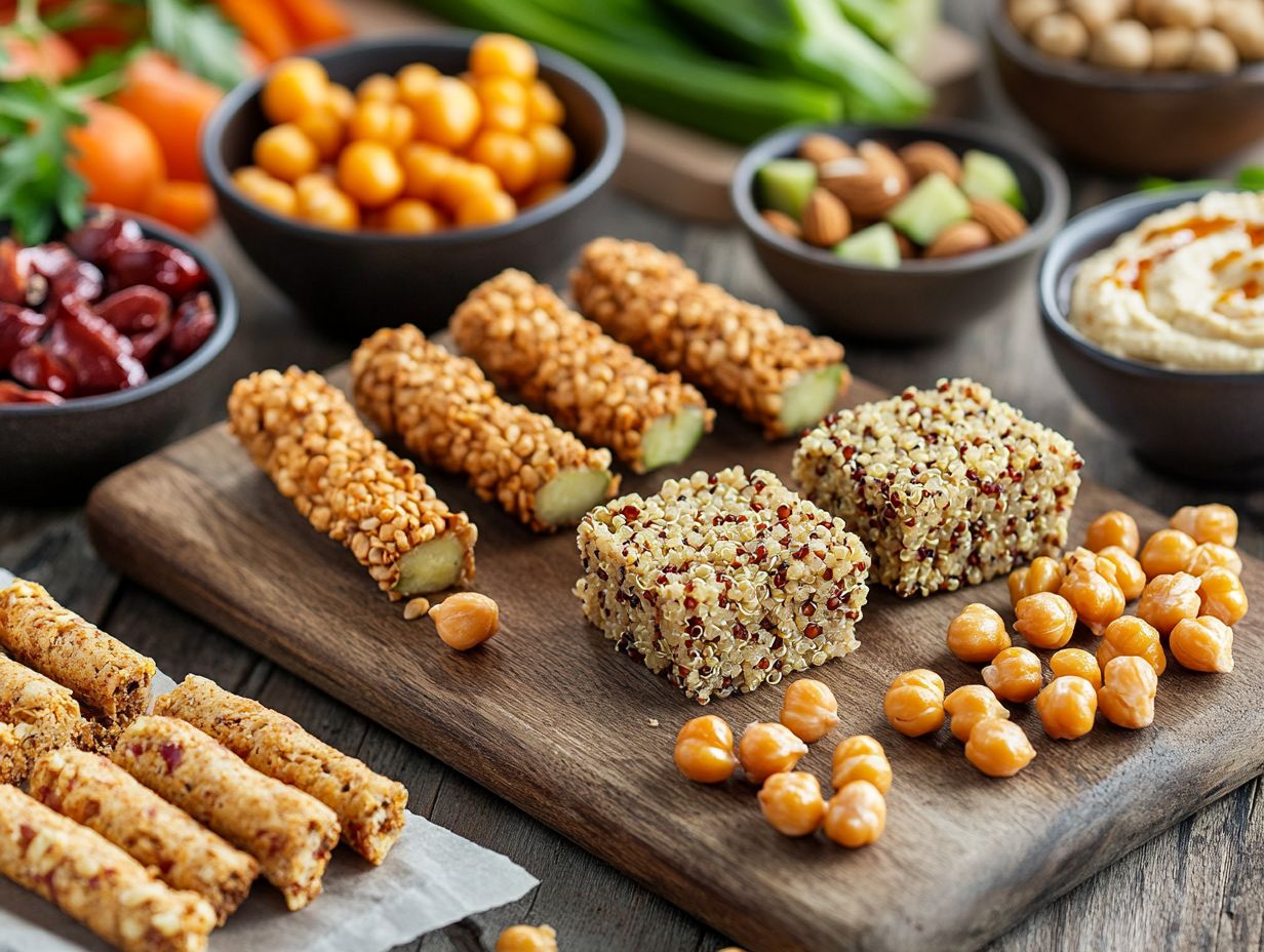 Collage of savory gluten-free snacks that are high in protein