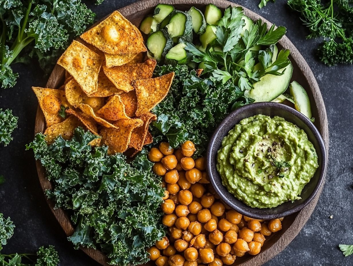 A vibrant assortment of gluten-free low-sugar snacks including roasted chickpeas and veggie chips.