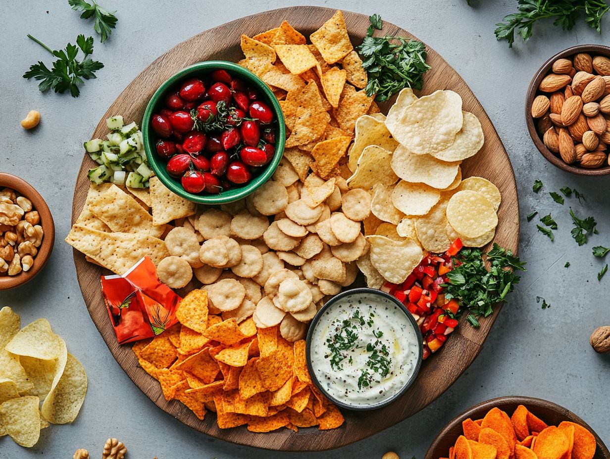 An assortment of popular brands of savory gluten-free snacks displayed.