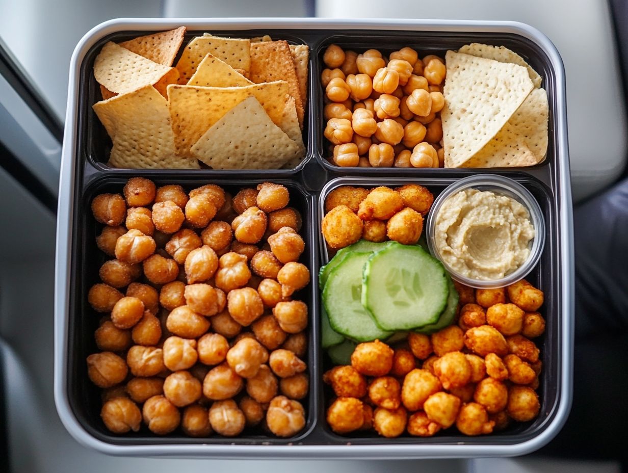 Savory gluten-free snacks to bring on a flight, including roasted chickpeas, vegetable chips, and gluten-free crackers.