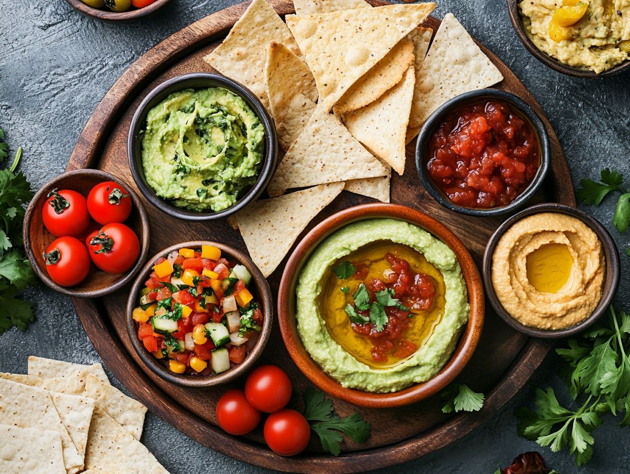 A variety of gluten-free dips served with fresh vegetables and chips.