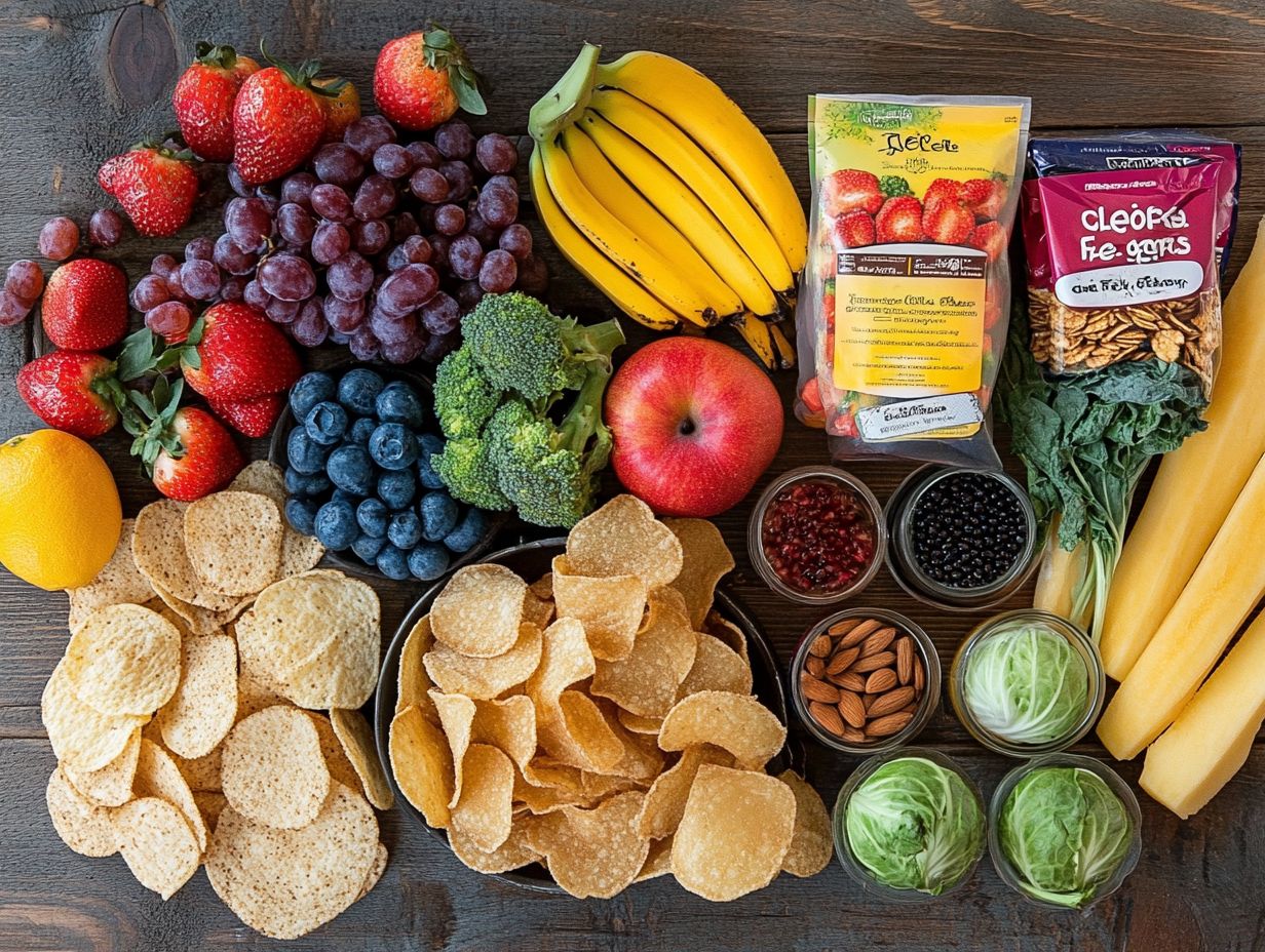 A variety of gluten-free snacks including chips, crackers, and fruits for healthy snacking.