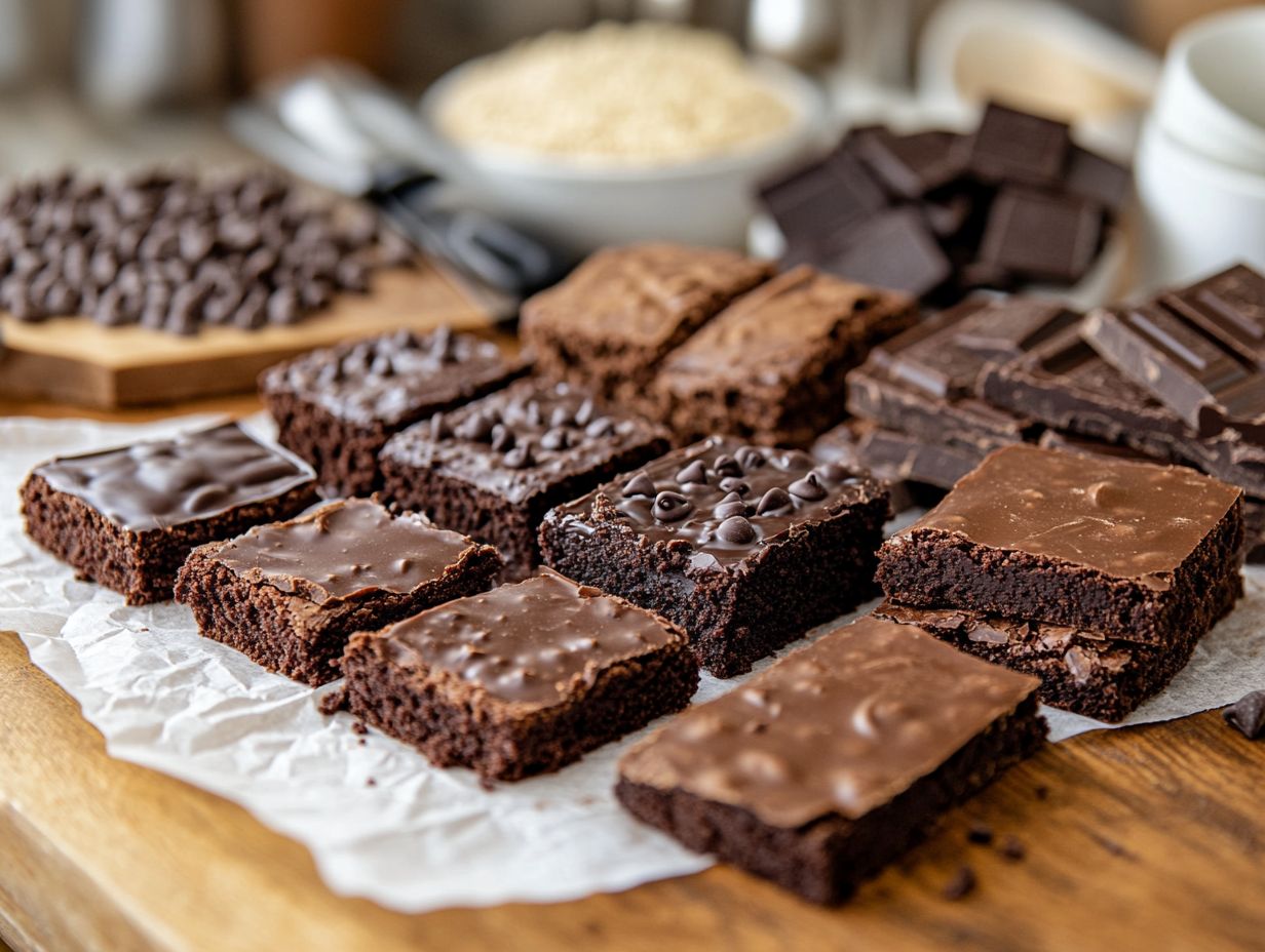 An assortment of gluten-free brownie mixes displayed on a table, showcasing their unique packaging and flavors.