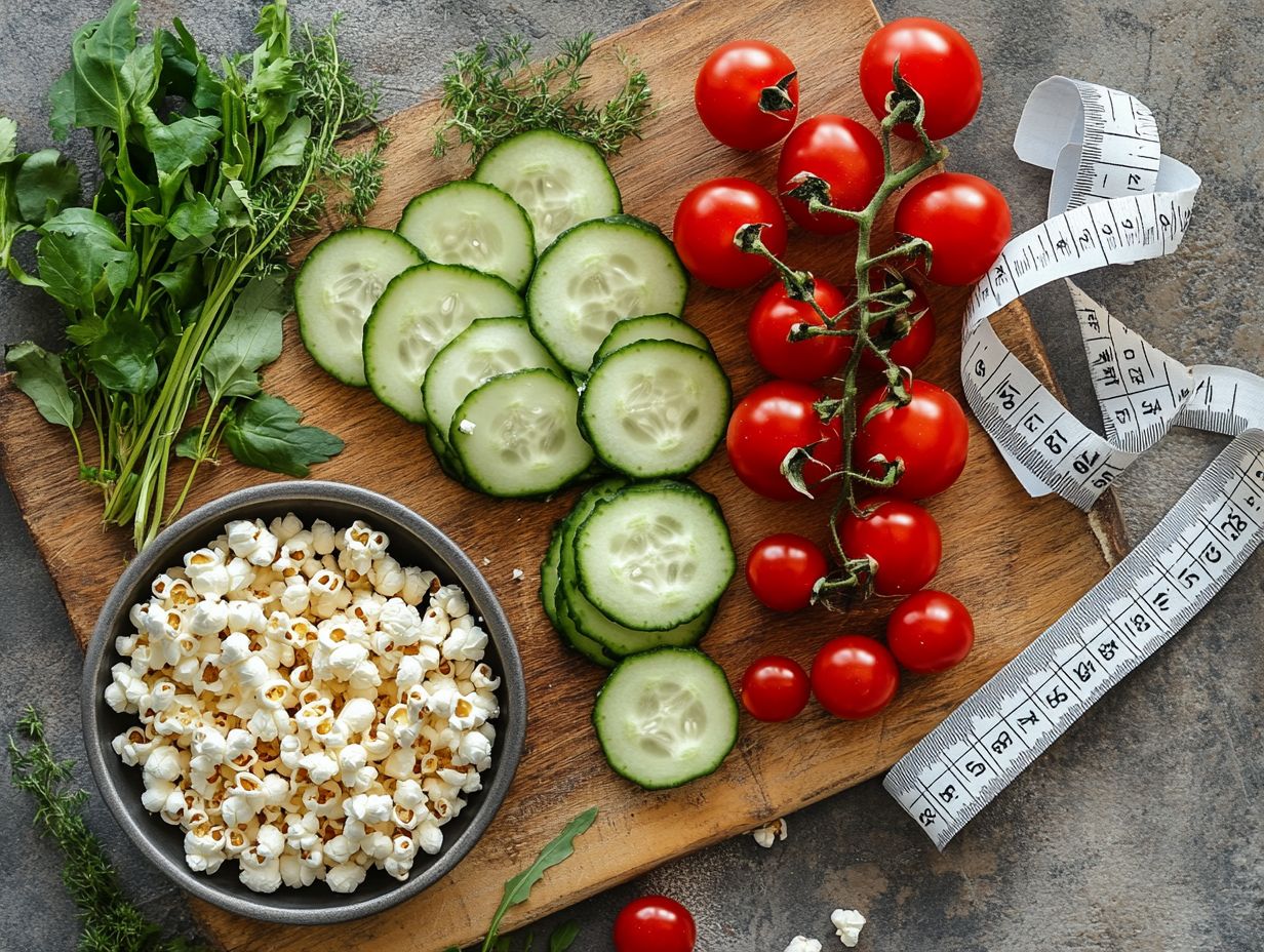 Colorful selection of fruits and vegetables as low-calorie snacks