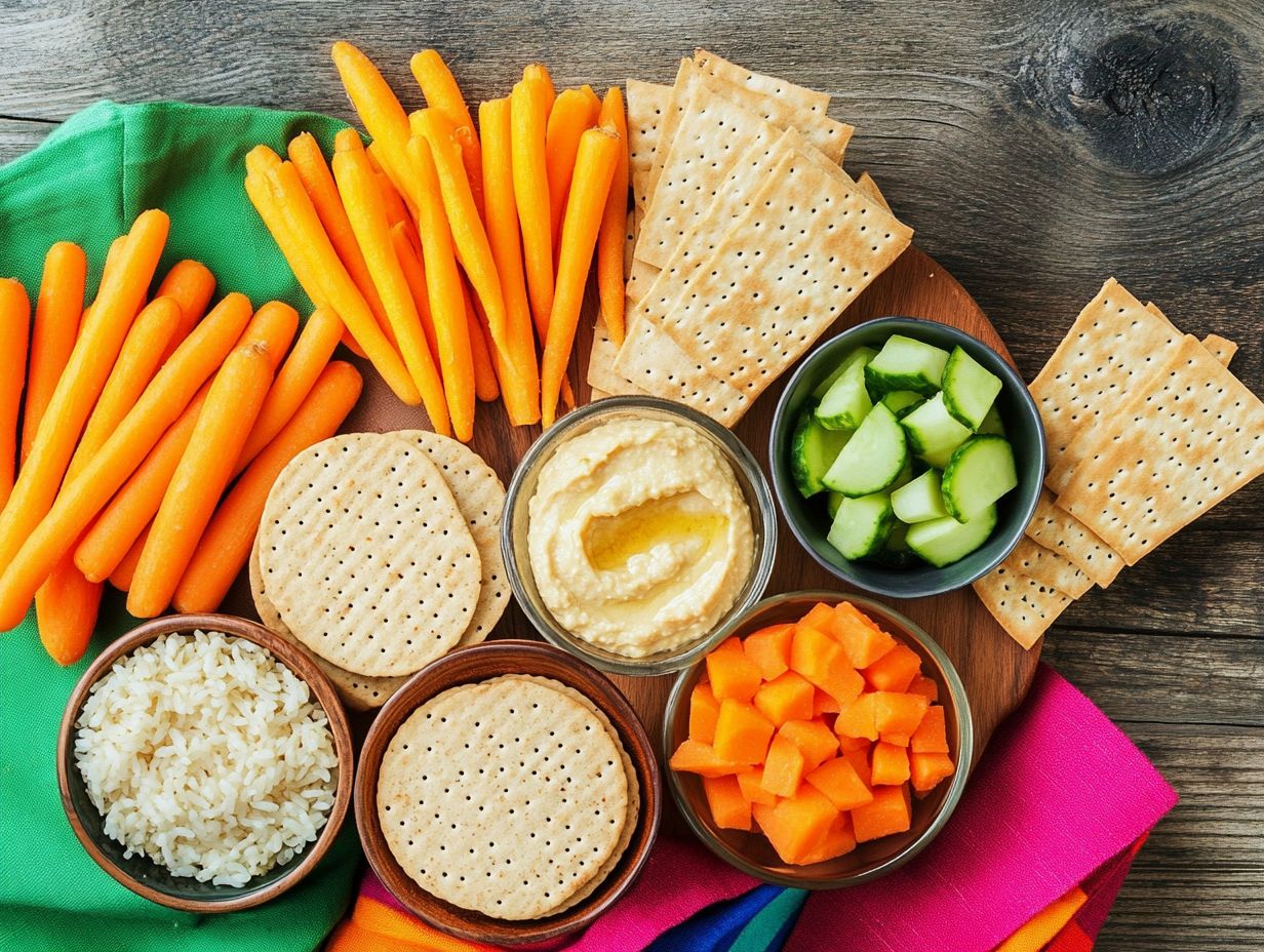 An array of top savory gluten-free snacks for kids displayed on a table.