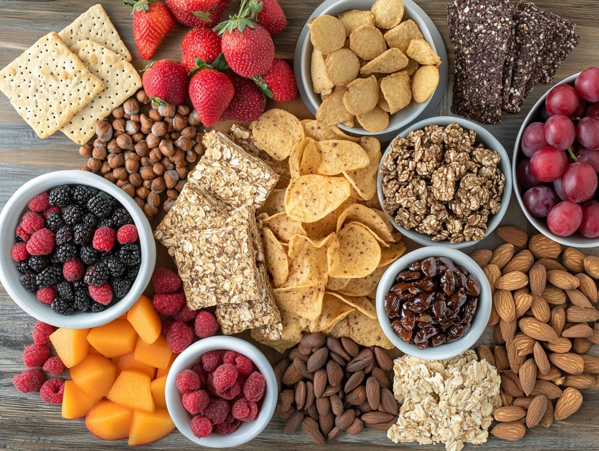 A colorful variety of gluten-free snack mixes including chips, nuts, and dried fruits.