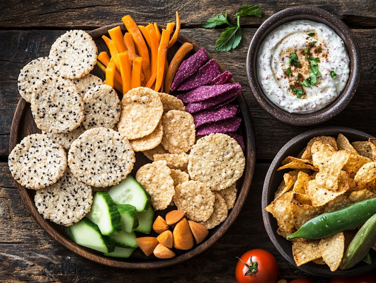 A collage of gluten-free snacks including fruits, vegetables, and packaged options.