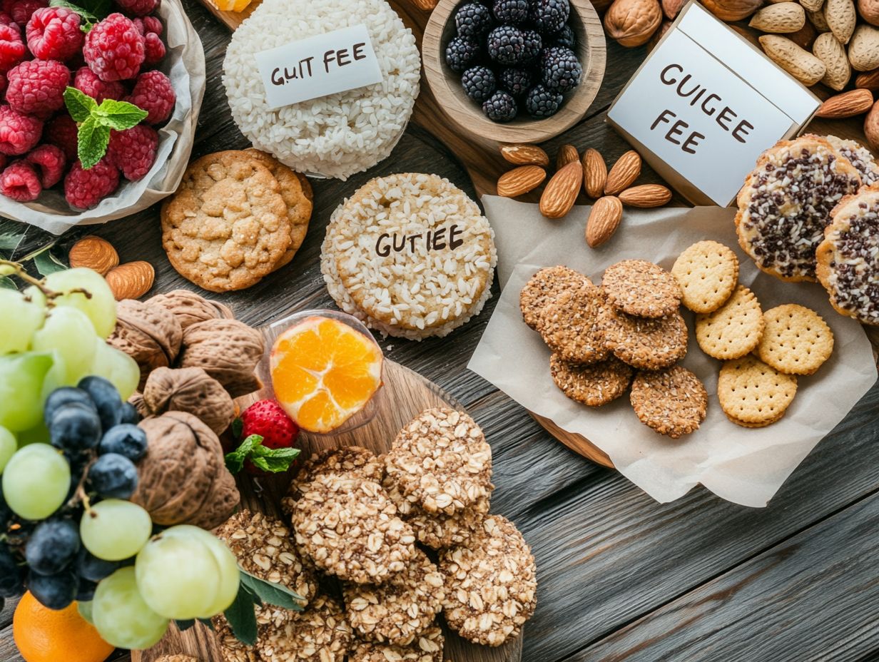 A selection of popular gluten-free snacks on a table.