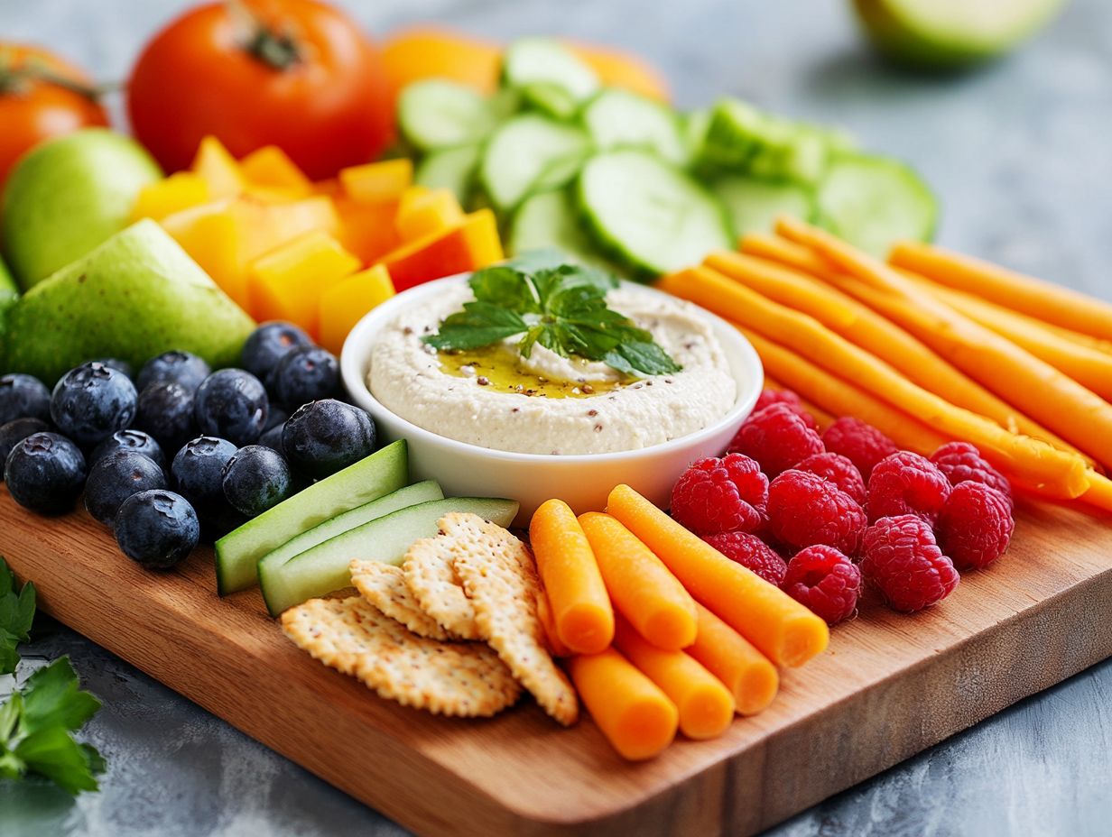 A colorful platter of gluten-free snacks with dips and fresh vegetables.