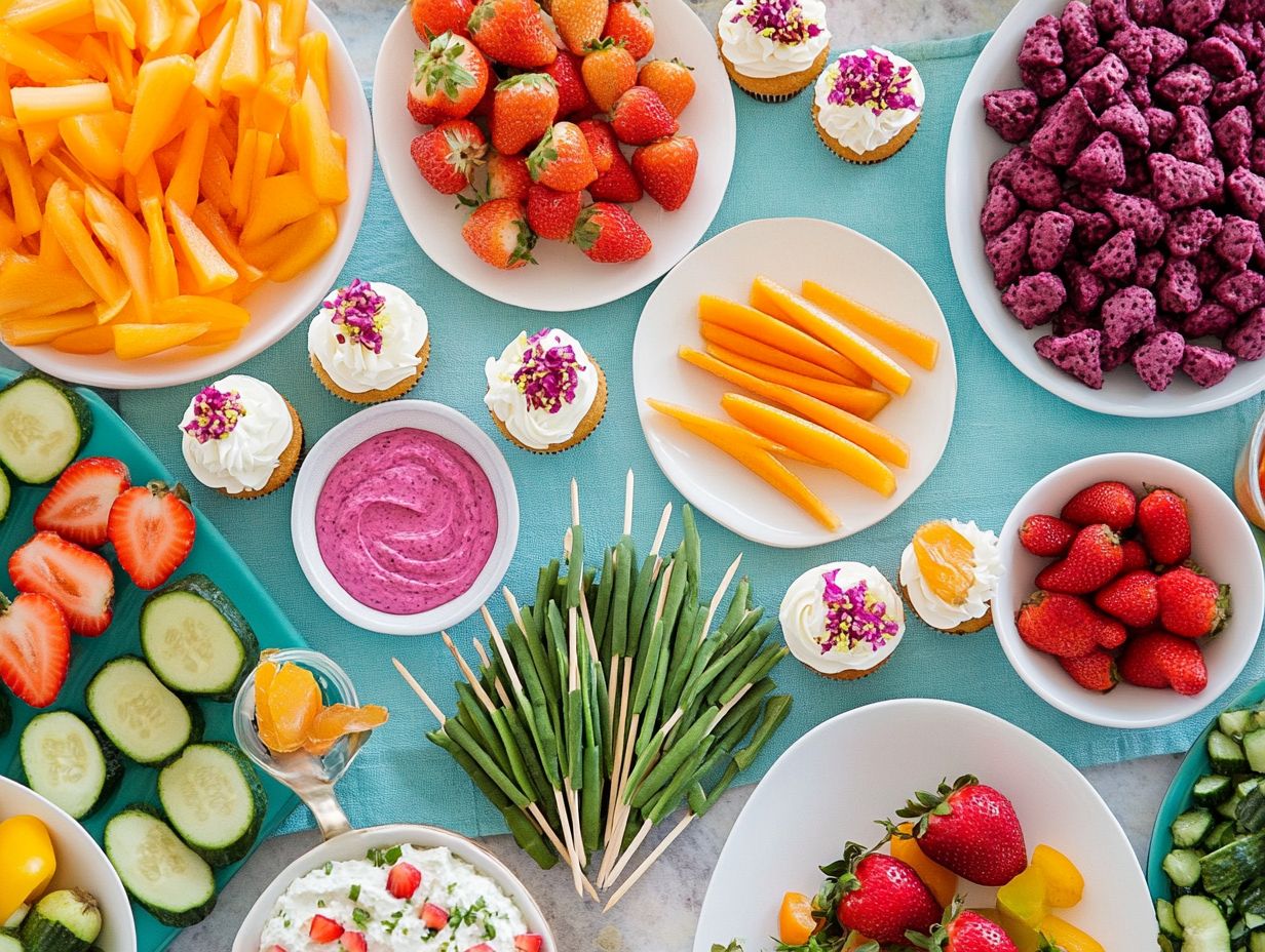 Colorful gluten-free snack ideas for parties displayed on a table.